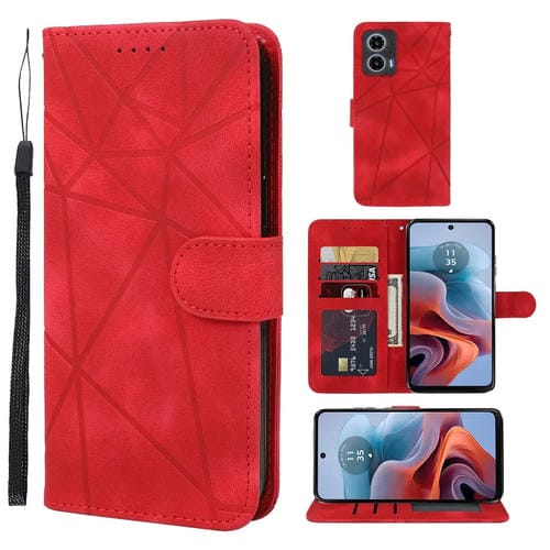 Funda de Cuero para Motorola Moto G34 con LĂneas GeomĂ©tricas y Tacto Suave (Rojo)