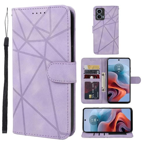 Funda de Cuero para Motorola Moto G34 con Diseño Geométrico y Líneas (Morado)