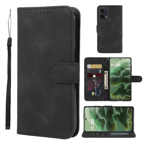 Funda de Cuero para Motorola Moto G35 con Diseño GeomĂ©trico y LĂneas (Negra)