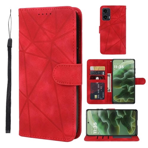 Funda de Cuero para Motorola Moto G35 con LĂneas GeomĂ©tricas y Tacto Suave (Rojo)