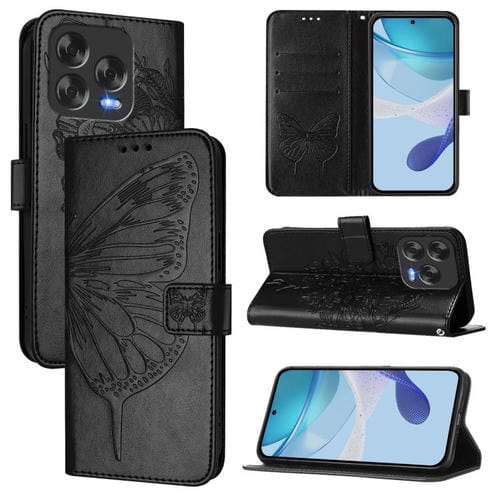 Funda de Cuero para ZTE Blade V70 con Diseño de Mariposa en Relieve (Negra)