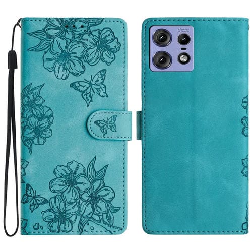 Funda de Teléfono PU con Relieve Mariposa y Flor de Cerezo para Motorola Edge 50 Pro (Verde)