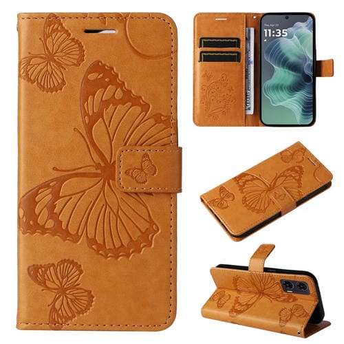 Funda de Cuero con Tapa y Mariposa en Relieve 3D para Motorola Moto G35 (Amarillo)