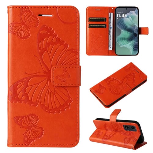 Funda de Cuero con Tapa para Motorola Moto G35 Diseño Mariposa en Relieve 3D (Naranja)