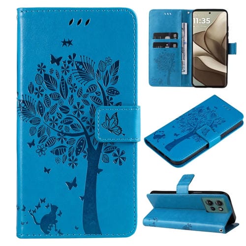 Funda de Cuero con Tapa para Motorola Edge 50 5G con Diseño Árbol y Gato en Relieve (Azul)