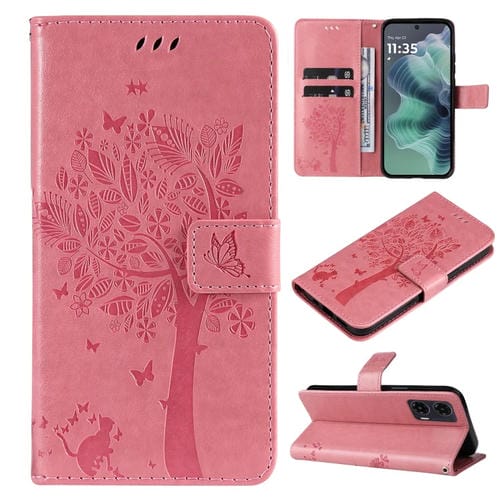 Funda de Cuero con Tapa para Motorola Moto G35 con Diseño Ărbol y Gato en Relieve (Rosa)