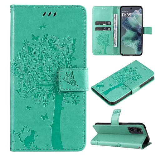 Funda de Cuero con Tapa para Motorola Moto G35 con Diseño de Ărbol y Gato en Relieve (Verde)