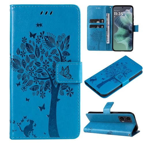 Funda de Cuero con Tapa para Motorola Moto G35 con Diseño Ărbol y Gato en Relieve (Azul)