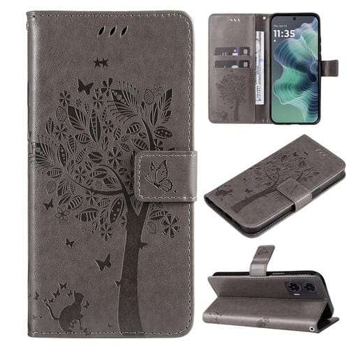 Funda de Cuero con Tapa para Motorola Moto G35 con Diseño Ărbol y Gato en Relieve (Gris)