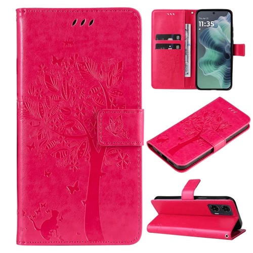 Funda de Cuero con Tapa para Motorola Moto G35 con Diseño Ărbol y Gato en Relieve (Rosa Rojo)