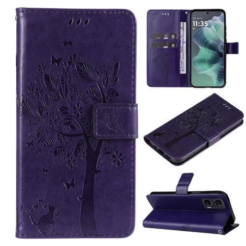 Funda de Cuero con Tapa para Motorola Moto G35 con Diseño de Ărbol y Gato En Relieve (Morado)