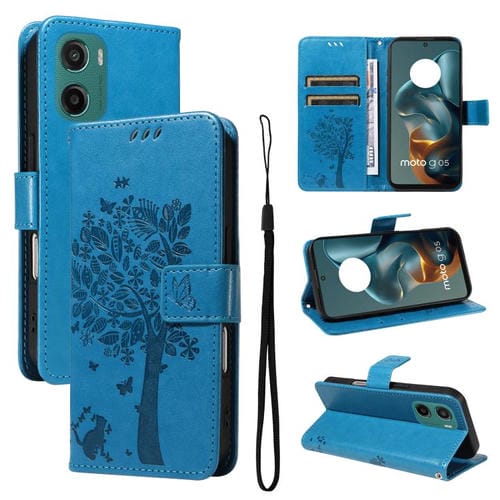 Funda de Cuero con Tapa para Motorola Moto G05 con Diseño de Árbol y Gato (Azul)