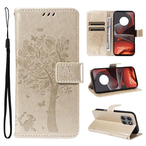 Funda de Cuero con Tapa para Motorola Moto G15 con Diseño de Árbol y Gato en Relieve (Dorada)