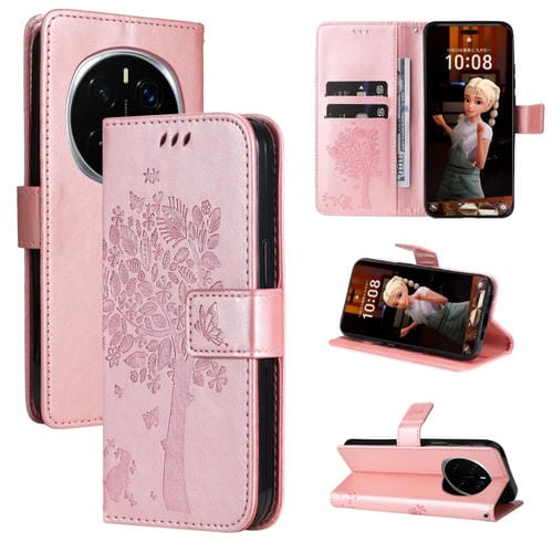 Funda de Cuero con Tapa para Honor Magic7 Pro Diseño Árbol y Gato en Relieve (Oro Rosa)