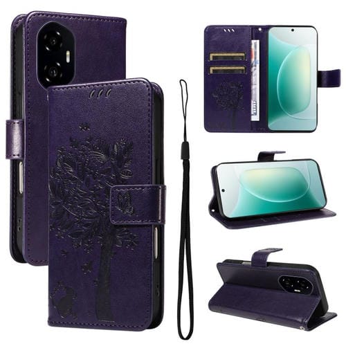 Funda de Cuero con Tapa para Honor 300 con Diseño Árbol y Gato en Relieve (Morado)