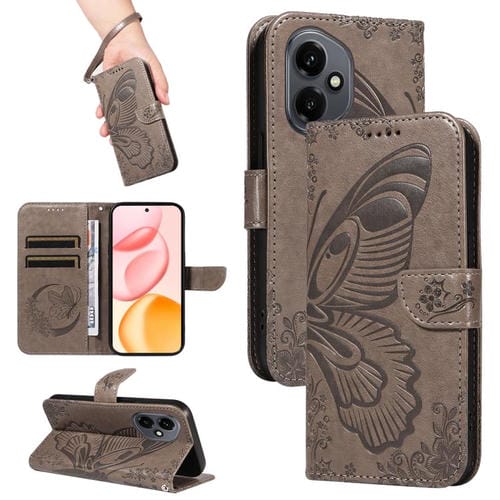 Funda de cuero con relieve de mariposa para Honor 400 Global (156,5 mm) (gris)