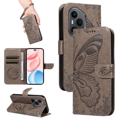Funda de cuero con relieve de mariposa para Honor 400 Pro Global (160,8 mm) (gris)