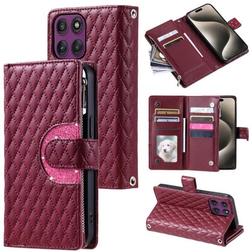 Funda de cuero tipo billetera con cremallera y diseño de celosía brillante para Motorola Edge 60 Pro (rojo vino)