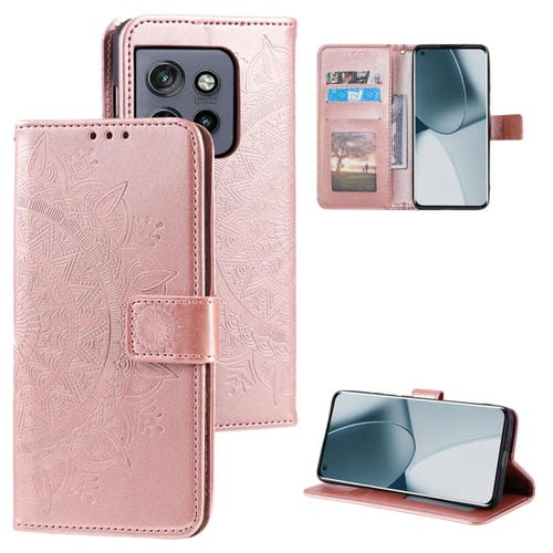 Funda de Cuero con Relieve Flor de Tótem para Motorola Edge 50 Neo con Cordón (Oro Rosa)