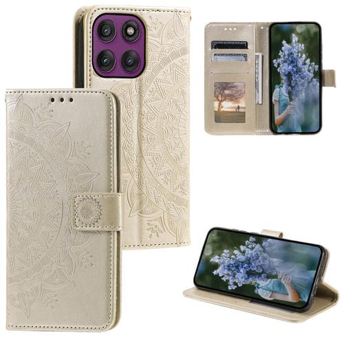 Funda de cuero con relieve de flor tótem y cordón para Motorola Edge 60 Pro (dorada)