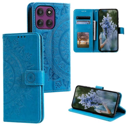 Funda de cuero con relieve de flor tótem y cordón para Motorola Edge 60 Pro (azul)