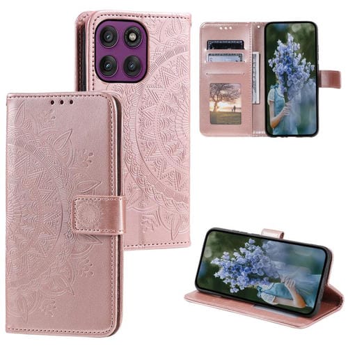 Funda de cuero con relieve de flor tótem y cordón para Motorola Edge 60 Pro (oro rosa)