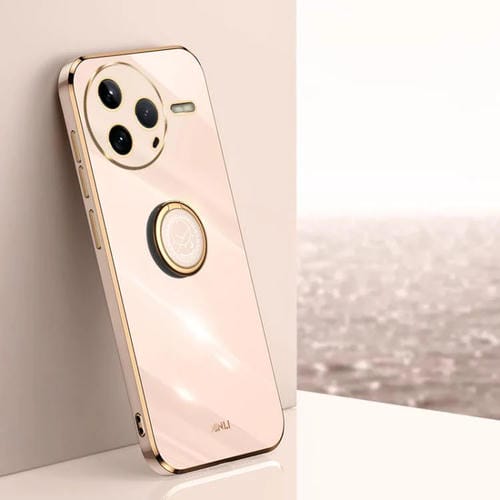 Funda de TPU con Borde Recto 6D Galvanizado y Soporte para Anillo para Redmi K80 Xinli (Rosa)