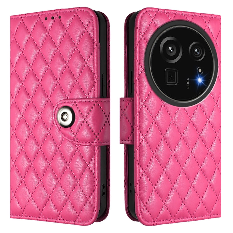 Funda de Cuero con Tapa y Textura Rombal para Sharp Aquos R9 Pro con Cordón (Rosa y Rojo)