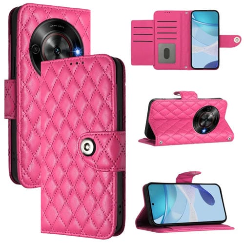 Funda de Cuero con Tapa y Textura Rombal para ZTE Blade A75 5G con Cordón (Rosa y Rojo)