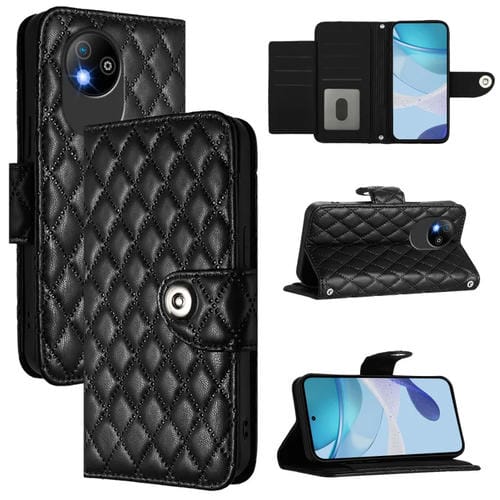 Funda de Cuero para ZTE Blade A35 Lite con Tapa Textura Rombal y Cordón (Negro)
