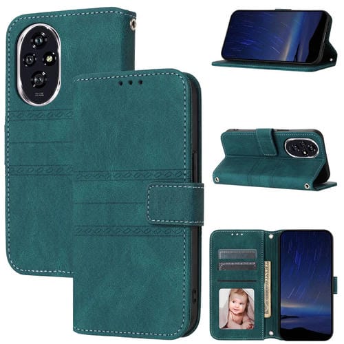 Funda de Cuero para Honor 200 con Sensación de Piel y Rayas en Relieve (Verde Oscuro)