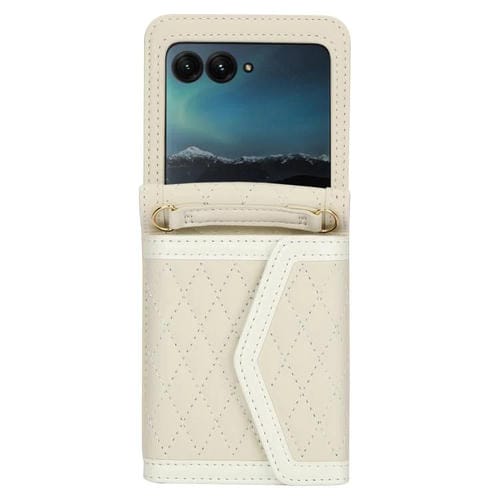 Funda para Motorola Razr 50 Ultra con textura rómbica y cordón largo y corto (beige)