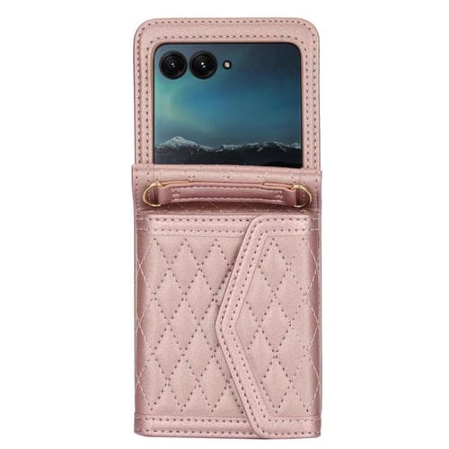 Funda con textura rómbica para Motorola Razr 50 Ultra, con cordón largo y corto (oro rosa)