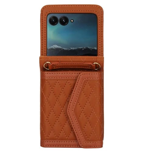 Funda para Motorola Razr 50 Ultra con textura rómbica y cordón largo y corto (marrón)