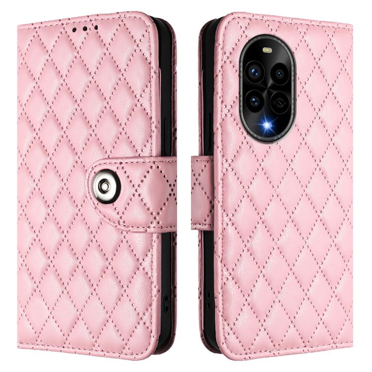 Funda de Cuero con Tapa y Textura Rómbica para Huawei Nova 13 Pro con Cordón (Rosa)