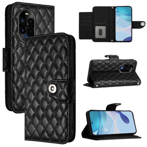 Funda de Cuero con Tapa y Textura Rombal para Huawei Nova 13 Pro con Cordón (Negro)