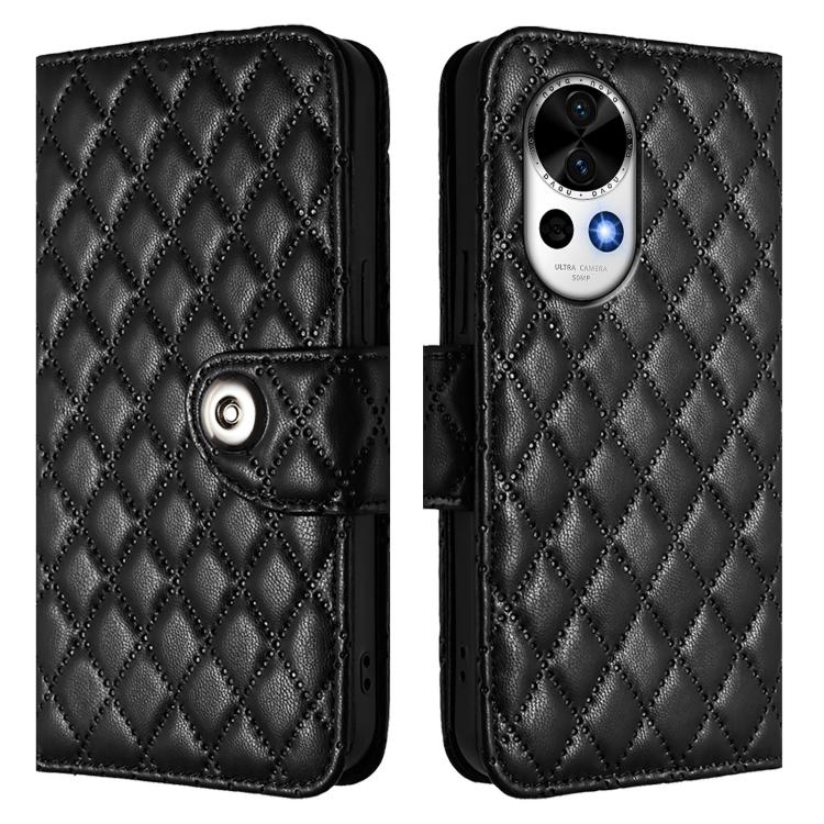 Funda de Cuero con Tapa y Textura Rómbica para Huawei Nova 13/Nova 12 con Cordón (Negro)