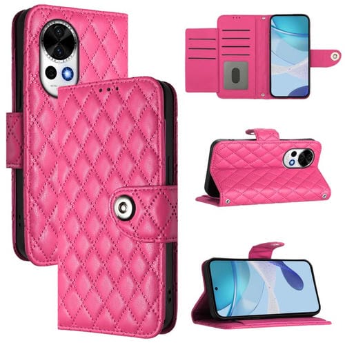 Funda de Cuero con Tapa y Textura Rómbica para Huawei Nova 13 y Nova 12 con Cordón (Rosa y Rojo)