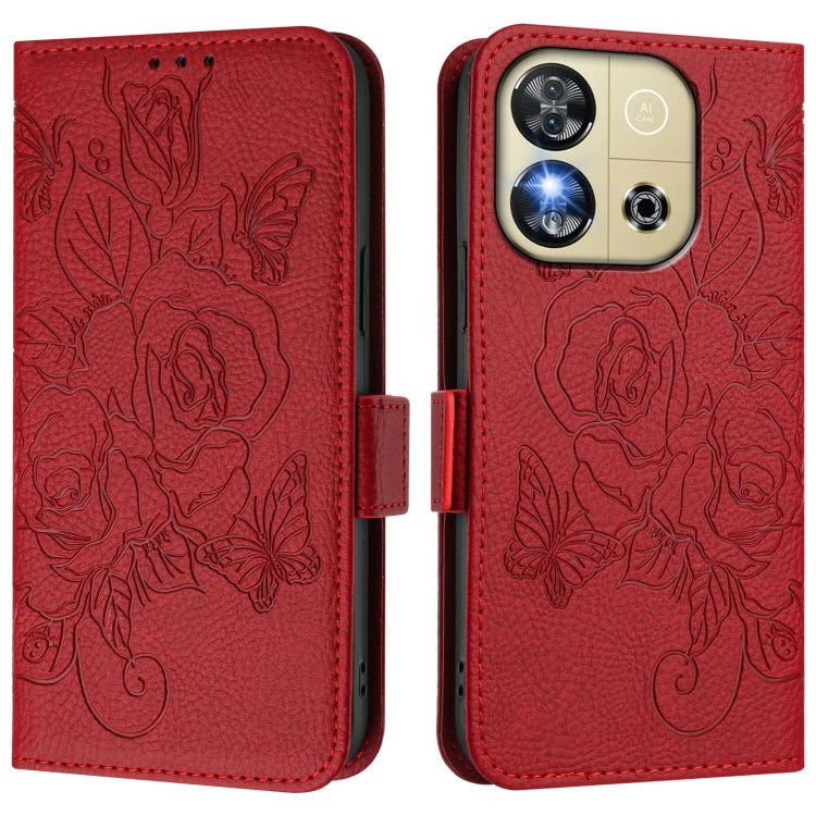 Funda de Cuero Antirrobo RFID con Relieve para Teléfono Oukitel C57S (Rojo)