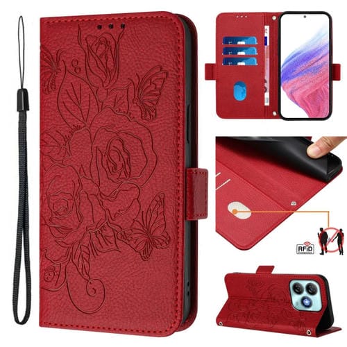 Funda de Cuero Antirrobo RFID con Relieve para ZTE Blade A75 4G (Rojo)