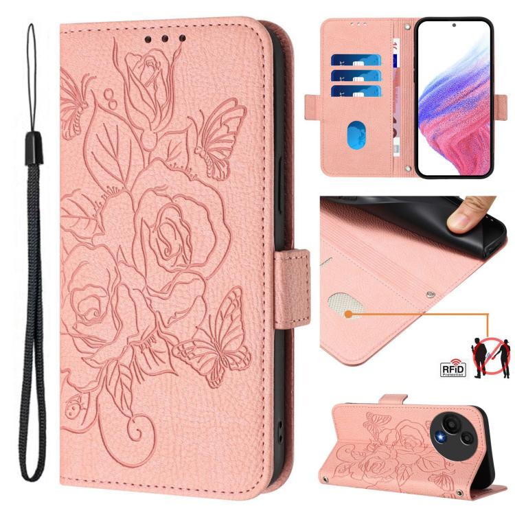 Funda de cuero antirrobo RFID con relieve rosa para TCL 605/60 SE (rosa)