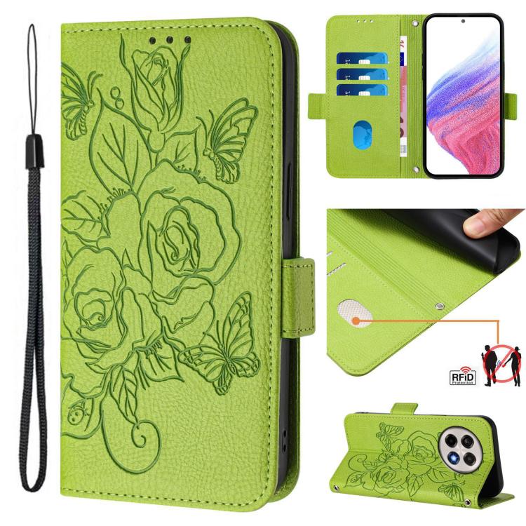 Funda de Cuero Antirrobo RFID con Relieve Rosa para OnePlus 13R/Ace 5 Pro 5G (Verde)