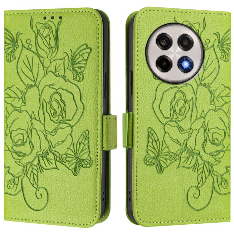 Funda de Cuero Antirrobo RFID con Relieve Rosa para OnePlus 13R/Ace 5 Pro 5G (Verde)