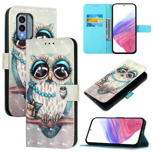 Funda de Cuero con Tapa Horizontal y Pintura 3D para Nokia X30 5G (Búho Gris)