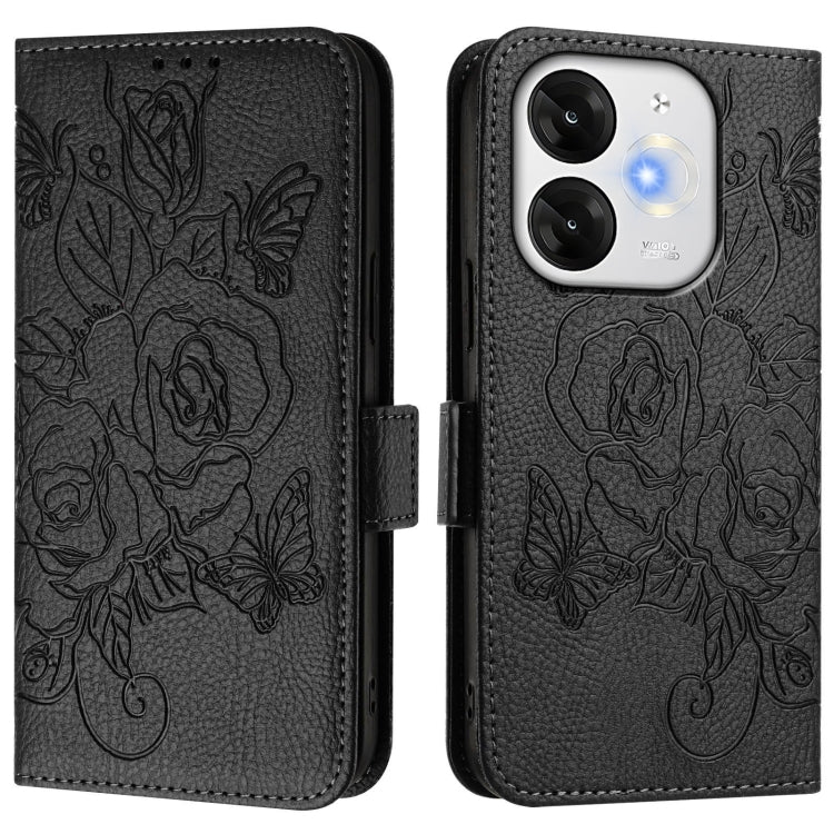 Funda de Cuero Antirrobo RFID con Relieve en Rosa para Teléfono Itel A80 4G (Negra)