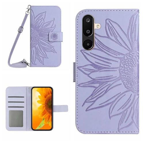 Funda de piel con tapa y cordón para Samsung Galaxy M36 5G, con diseño de girasoles en relieve (morado)