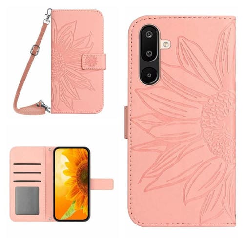 Funda de piel con tapa y cordón para Samsung Galaxy M36 5G, con diseño de girasol en relieve y tacto suave (rosa)