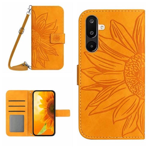 Funda de piel con tapa y cordón para Samsung Galaxy M36 5G, con diseño de girasol en relieve y diseño de piel (amarilla)
