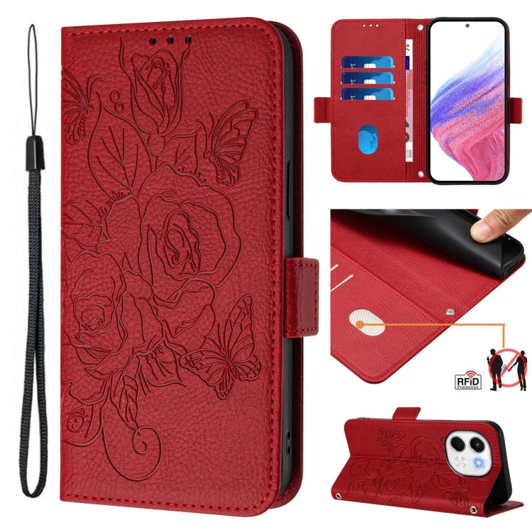 Funda de Cuero Antirrobo RFID con Relieve para Tecno Spark 30 5G (Rojo)