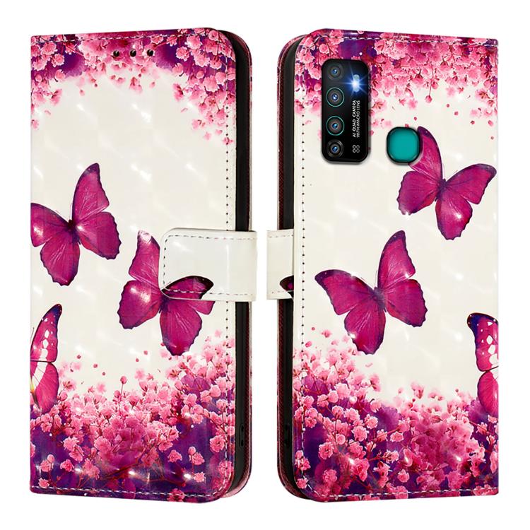 Funda de Cuero con Tapa Horizontal y Pintura 3D para Infinix Hot 9 y Hot 9 Pro (Mariposa Rosa)